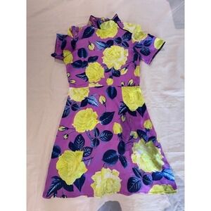 ASOS Women Purple Yellow Floral Dress Flit Flare Short Sleeve Zip Back Summer